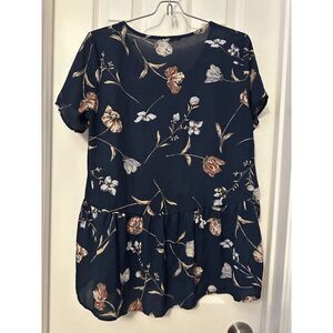 Pleione‎ Babydoll Top Women's Peplum Bell Sleeve Floral Lightweight Sheer Size S